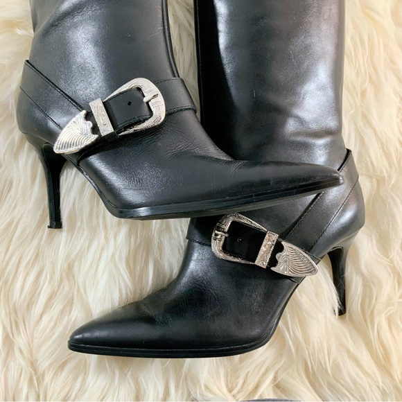 ZARA Cowboy Buckle Black Leather Pointed Toe Slip On Heel Boots Sz 7.5US - Picture 5 of 15